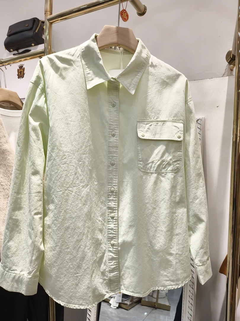 气质黄色长袖衬衫女韩版宽松休闲叠穿设计感百搭上衣春秋季