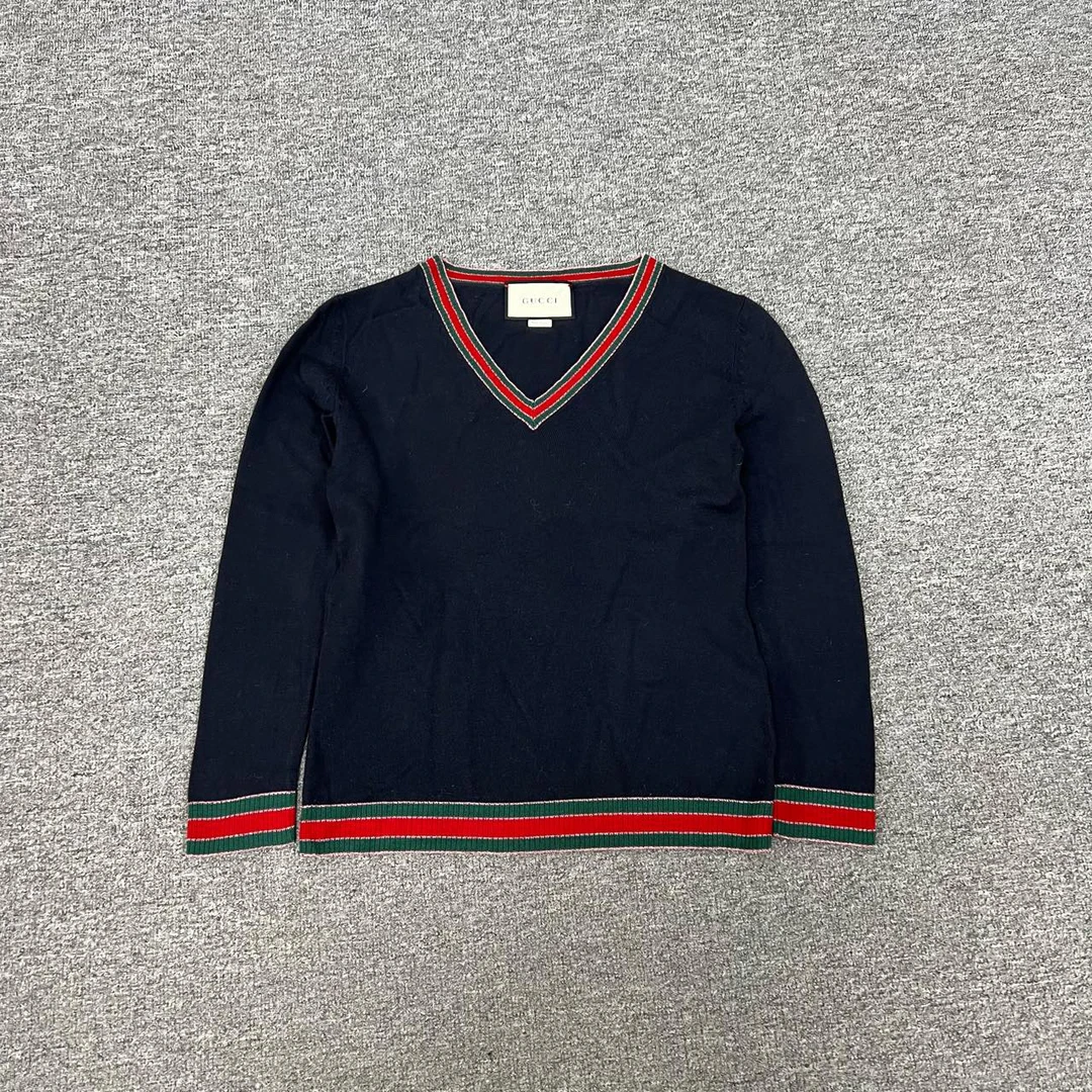 95新 GUCCI/古驰 V领 金线 针织藏青色毛衣 S码