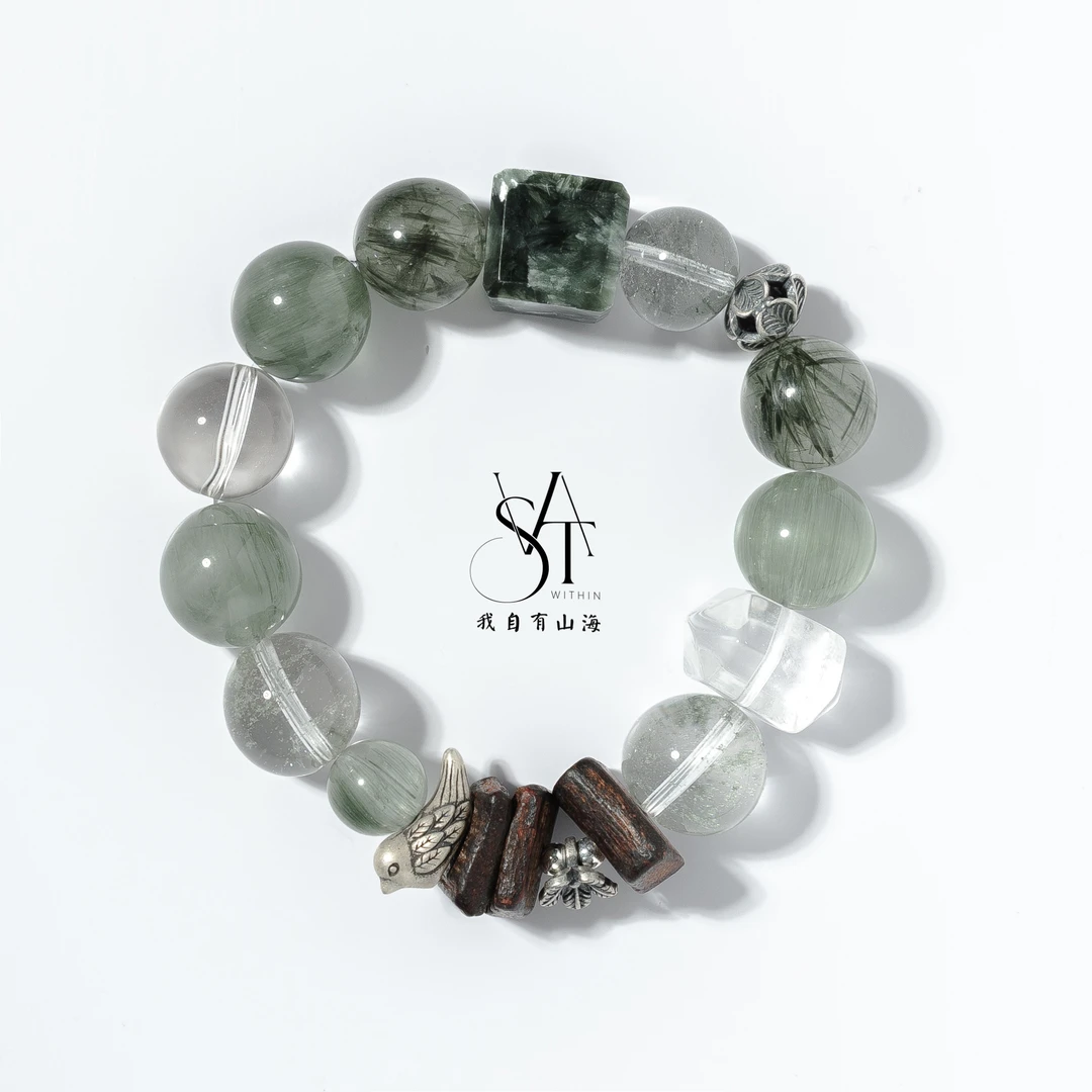 清货【林间财灵】白水晶绿幽灵绿发晶降真香手串（默认微瑕不退不换）