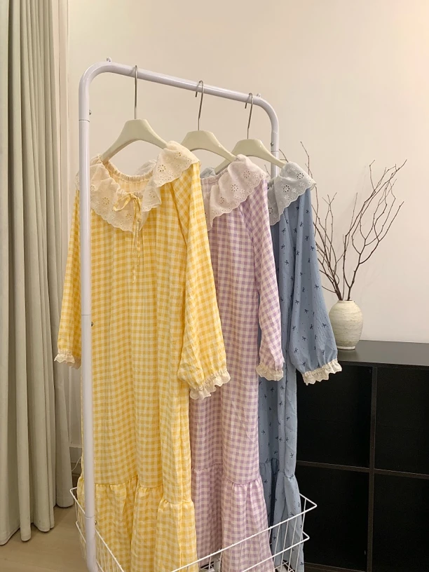 【睡裙】韩版ins春秋季少女小清新格子翻领花边休闲宽松睡裙可外穿