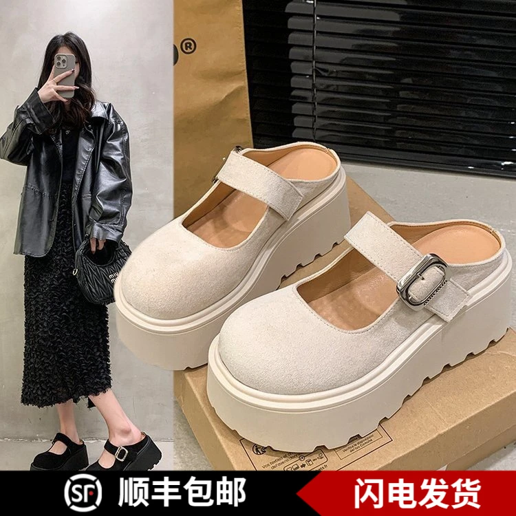 网红包头半拖鞋女外穿2025夏季新款小个子增高厚底松糕勃肯鞋凉拖