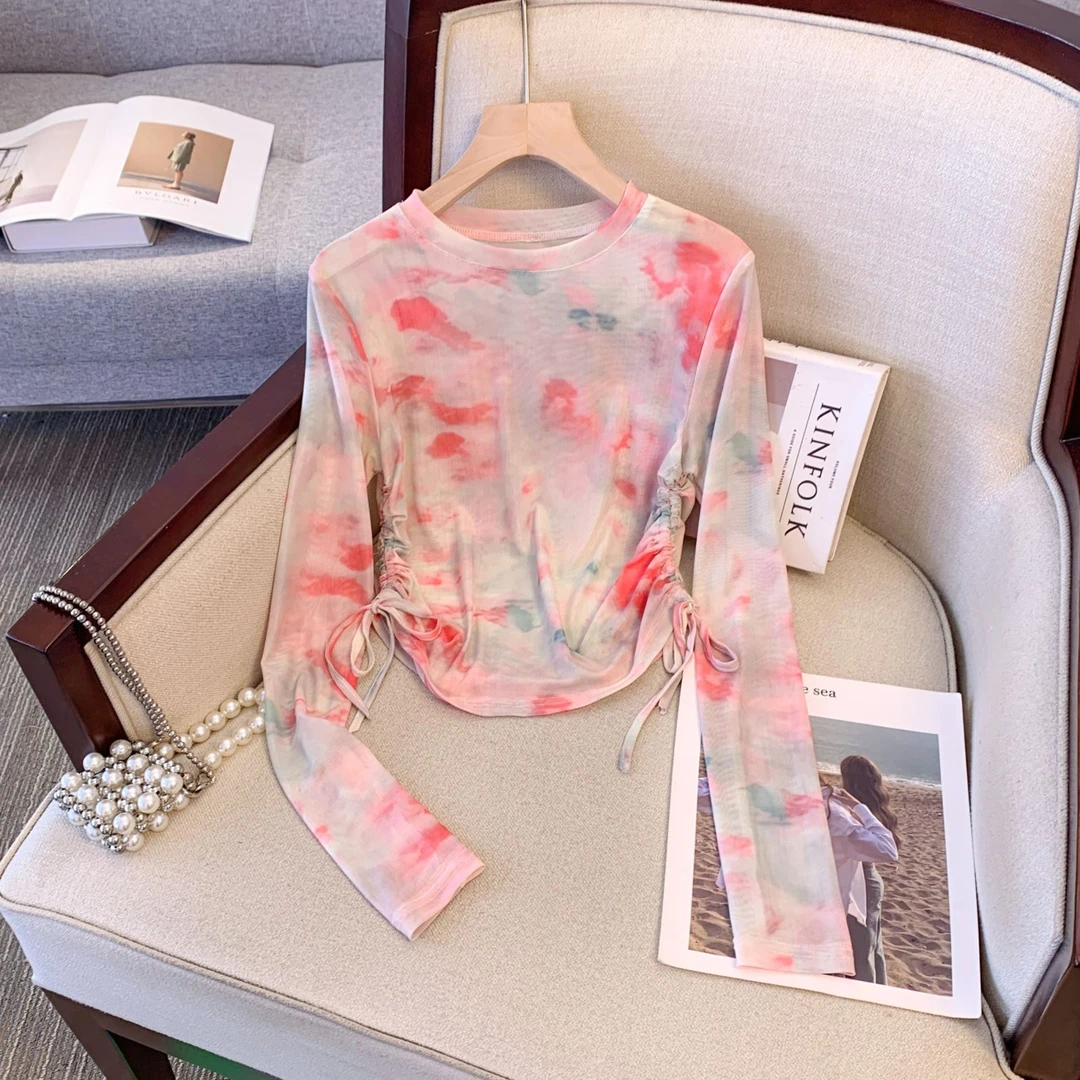 美式复古长袖粉色网纱恤女春季修身设计感小众薄款抽绳上衣