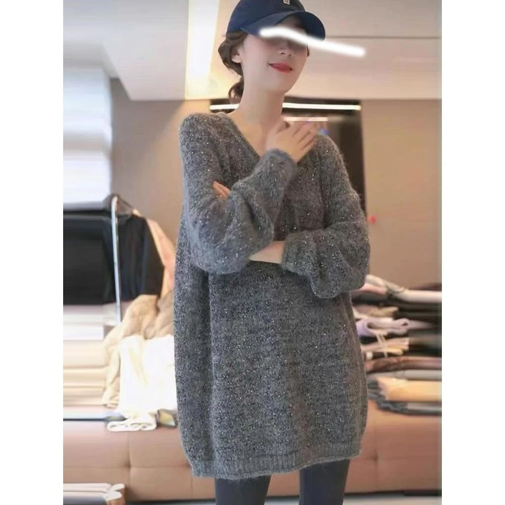 春装时尚外穿中长款宽松慵懒风v领重工亮片毛衣女秋冬打底针织衫
