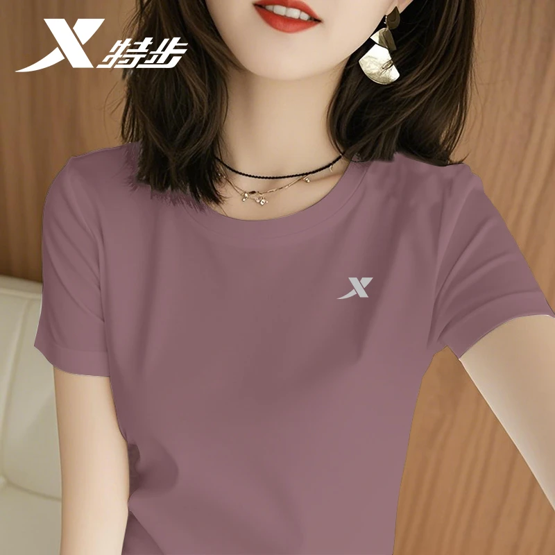 特步正肩t恤女短袖夏季2025年新款圆领宽松柔软冰丝薄款运动上衣