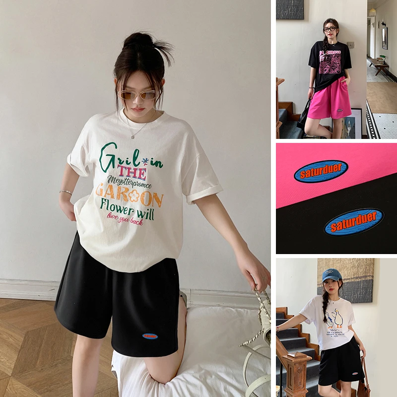 YUZI/鱼子【裤王】夏季短裤字母印花胖MM宽松户外运动大码纯棉