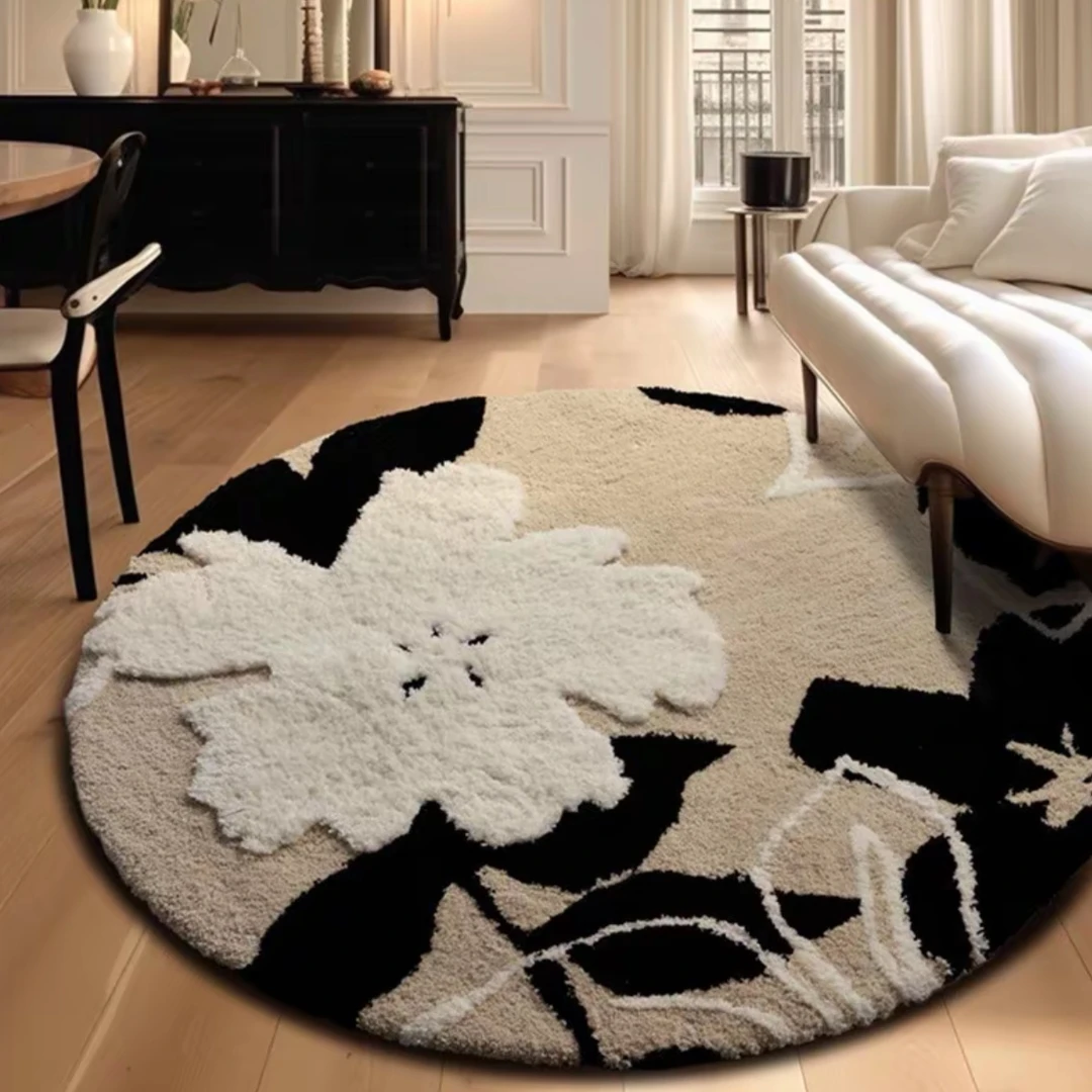 法式奶油风圆形植绒簇绒亲肤防滑地毯客厅卧室床边可用