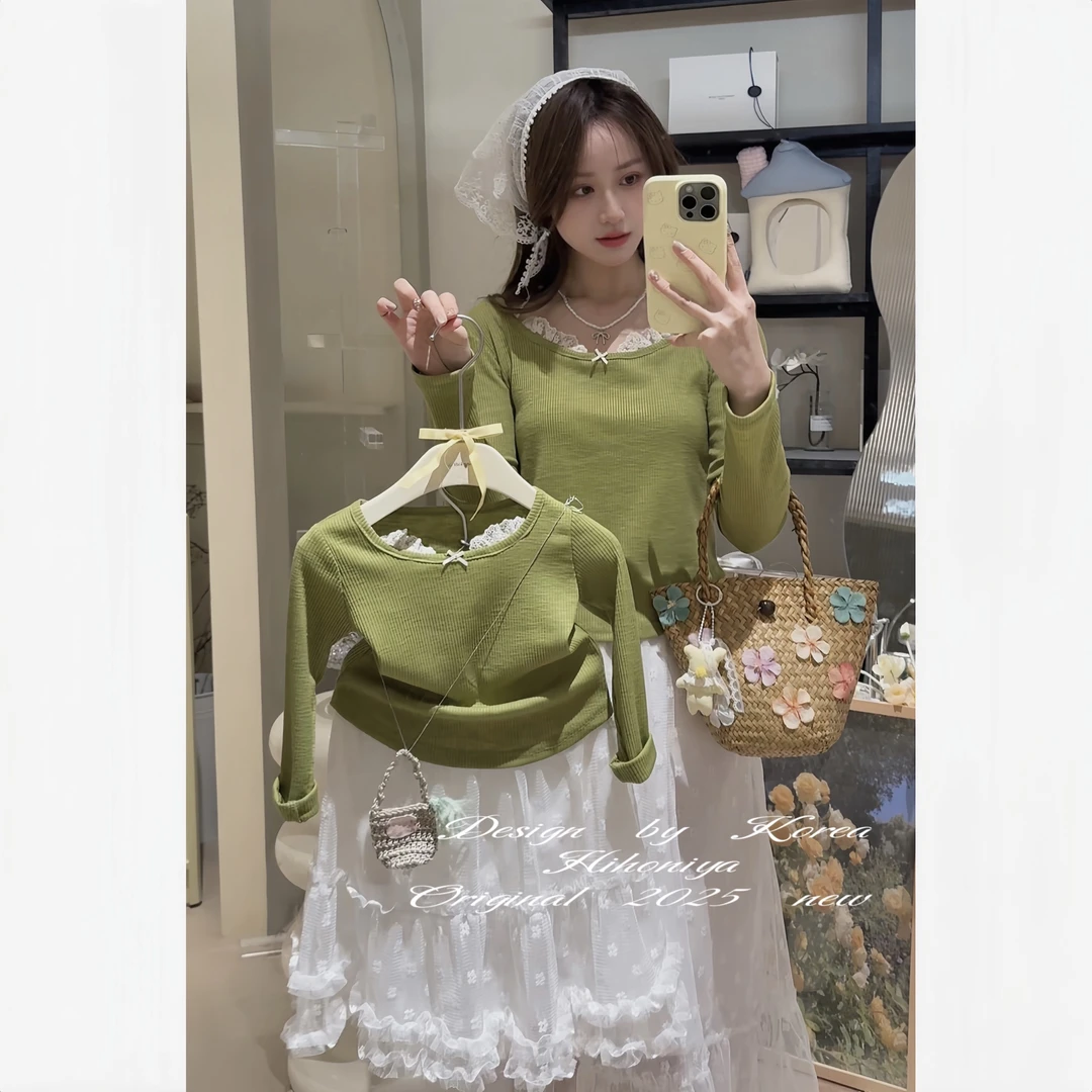 Q【春日调色盘】二Hihoniya~2025春季亲子款彩色纯色蕾丝边韩版上衣