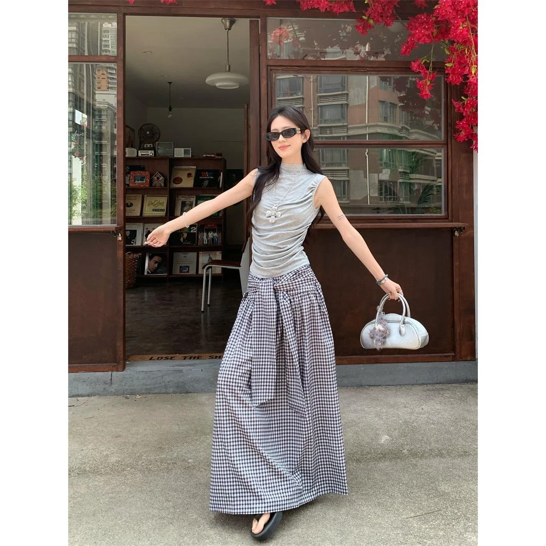 韩系格子半身裙女夏季设计感小众系带格纹半裙小个子a字大摆长裙