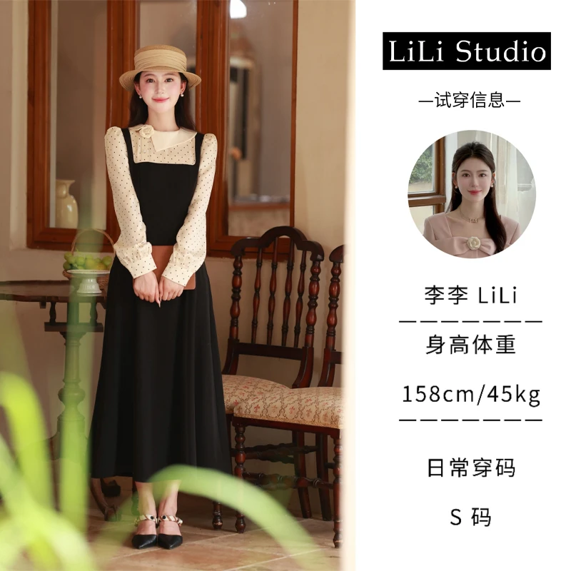 【柏林金秋】LiLi法式复古波点撞色显瘦假两件连衣裙XMZH3997