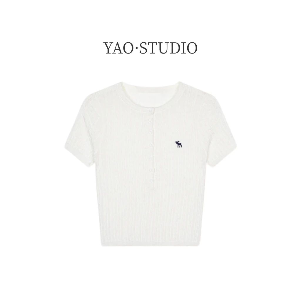 2025夏季新款小马标针织纽扣薄款针织衫休闲百搭圆领短袖上衣