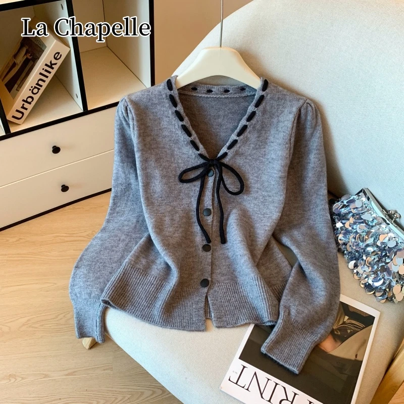 拉夏贝尔法式高级感v领蝴蝶结毛衣针织衫女秋冬季软糯开衫外上衣