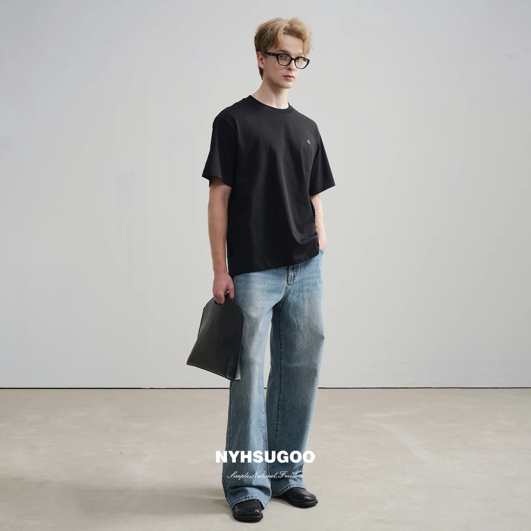 NYHSUGOO/南乙3487夏季设计款双N印花男士圆领T百搭基础短袖上衣