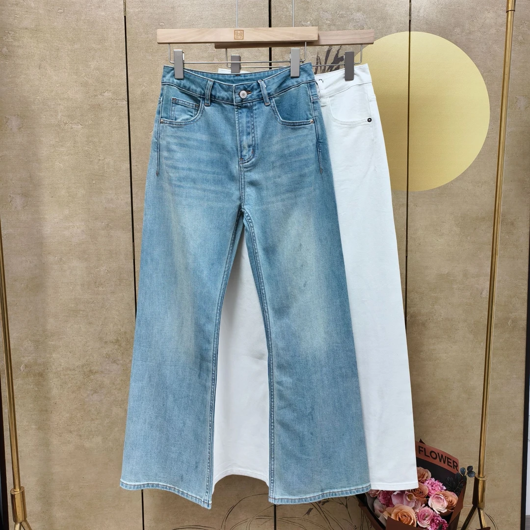 【橙庐】ZK33桑蚕丝无缝一片式直筒微喇牛仔裤 春秋女士高腰时尚