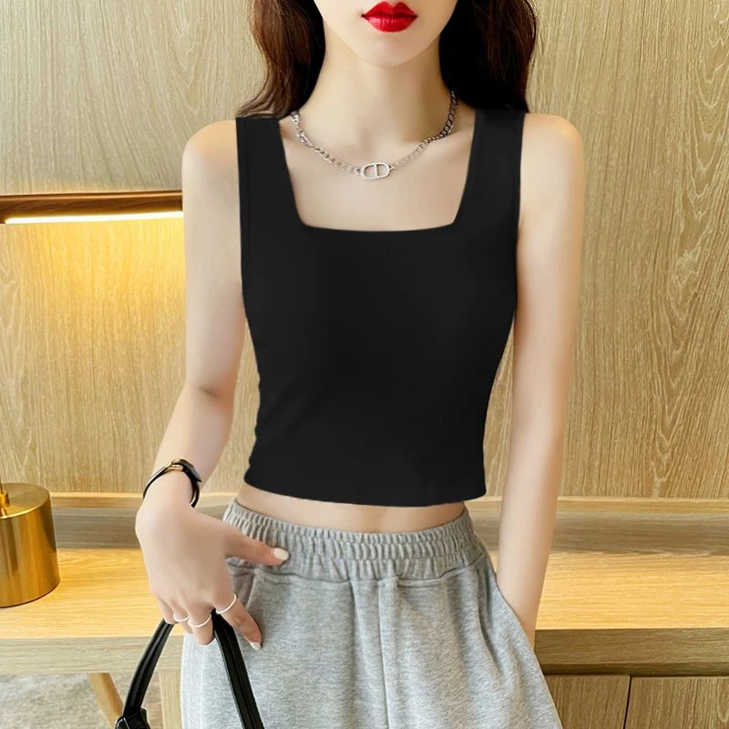 黑色棉质显瘦背心方领小吊带背心女外穿修身美背设计感高腰上衣女