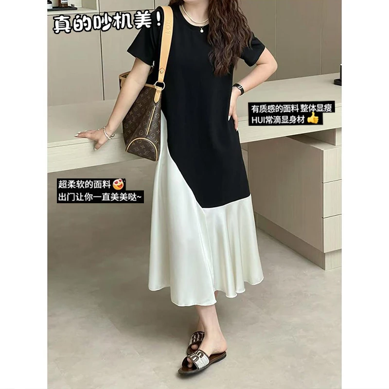 大码法式气质黑色短袖连衣裙女夏季新款慵懒风显瘦拼接直筒t恤裙