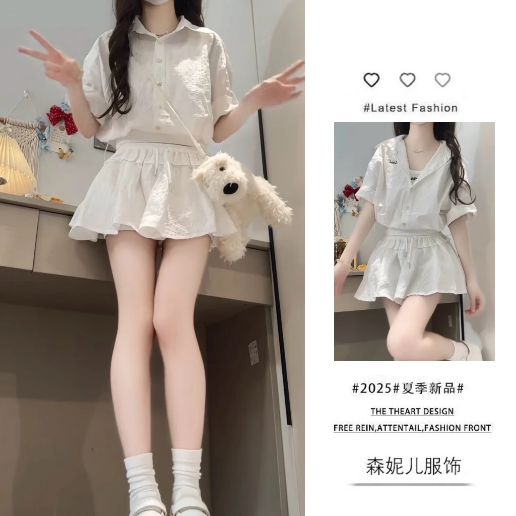 时尚穿搭女2025夏季新款韩版时尚polo领衬衫短袖百搭短裙两件套装