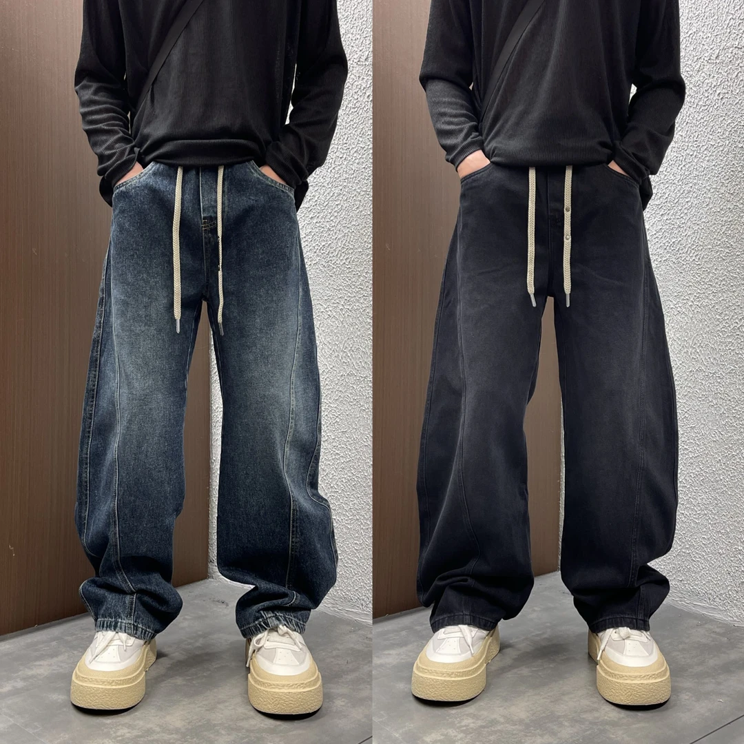 水洗秋冬季长裤中腰复古休闲牛仔裤高街美式垂感直筒百搭弯刀裤潮