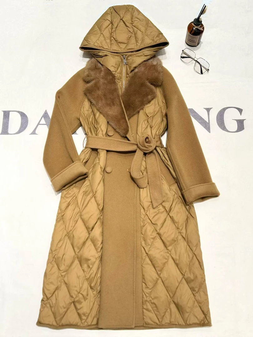 [68岁小姐姐]气质赫本风90白鹅绒拼接羊毛呢水貂毛领大衣NM 2506