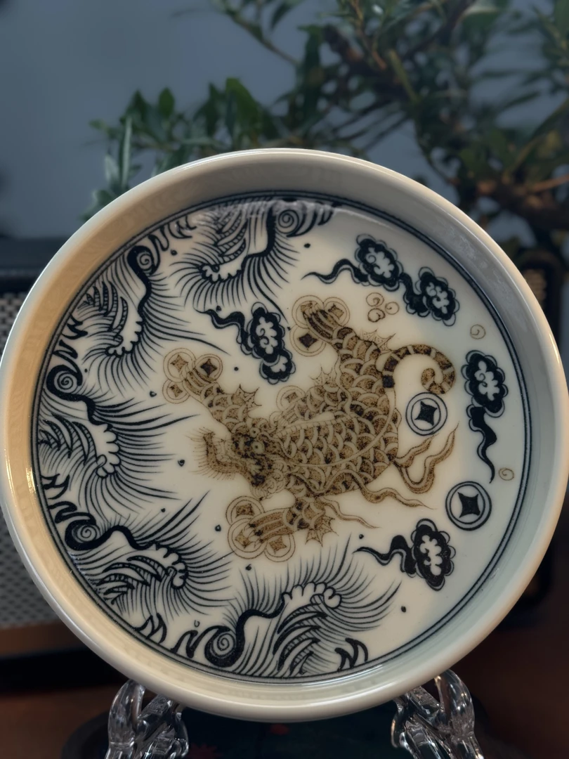 A080景德镇手绘釉里金金钱豹壶承 18cm