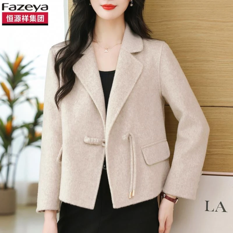 恒源祥集团彩羊双面针织大衣中年女短款毛呢外套小个子妈妈西装领