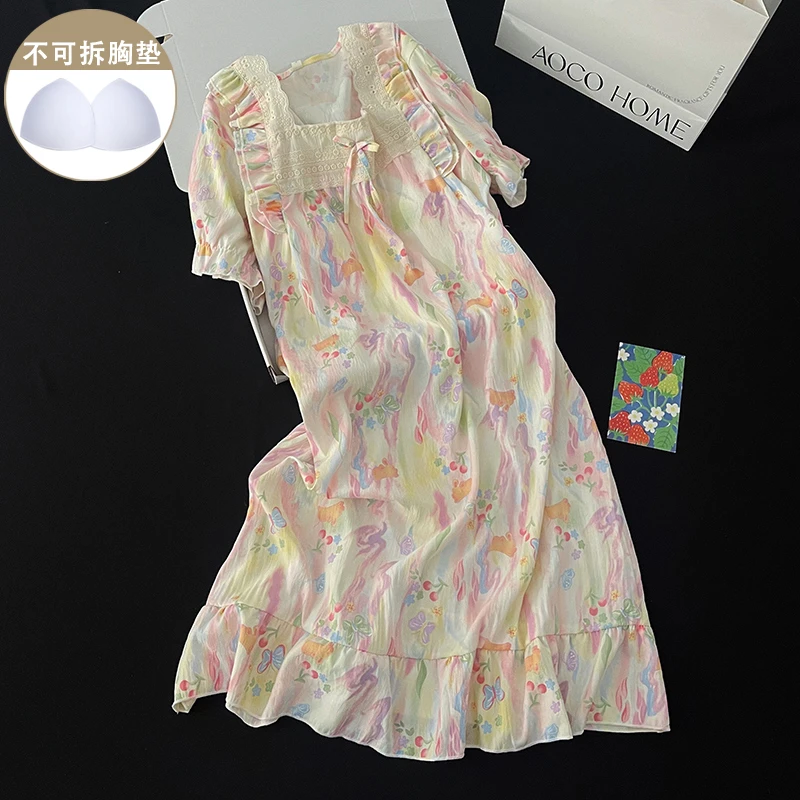 带胸垫睡衣女新款夏季甜美黄色晕染蝴蝶方领短袖睡裙小个子家居服