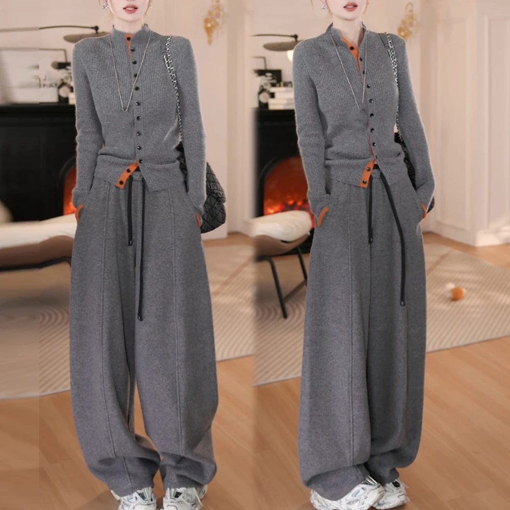 时髦复古针织衫休闲裤套装2025冬季款保暖气质轻松冬日潮搭配