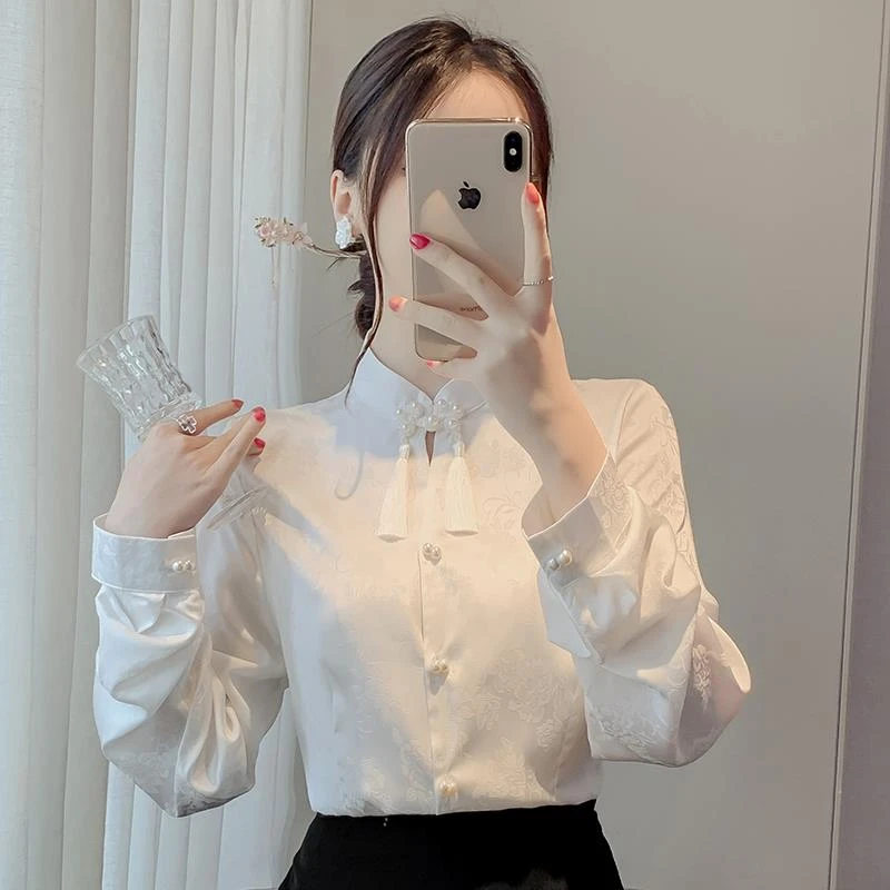 新中式国风盘扣立领洋气白衬衫女2025秋季新款衬衣设计感小众上衣