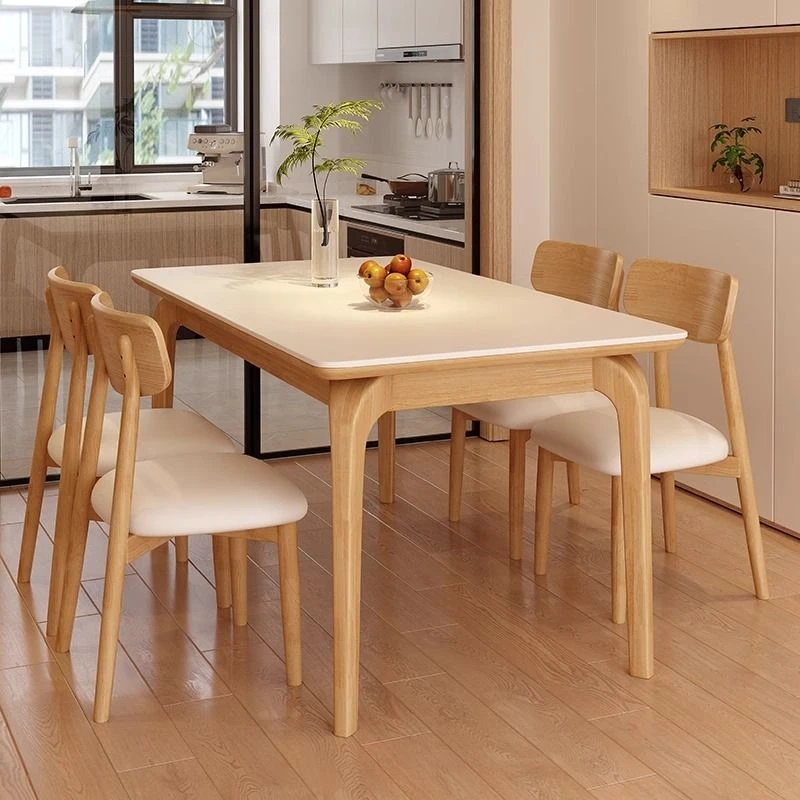 全实木岩板餐桌椅2025新款家用小户型原木奶油风长方形餐桌