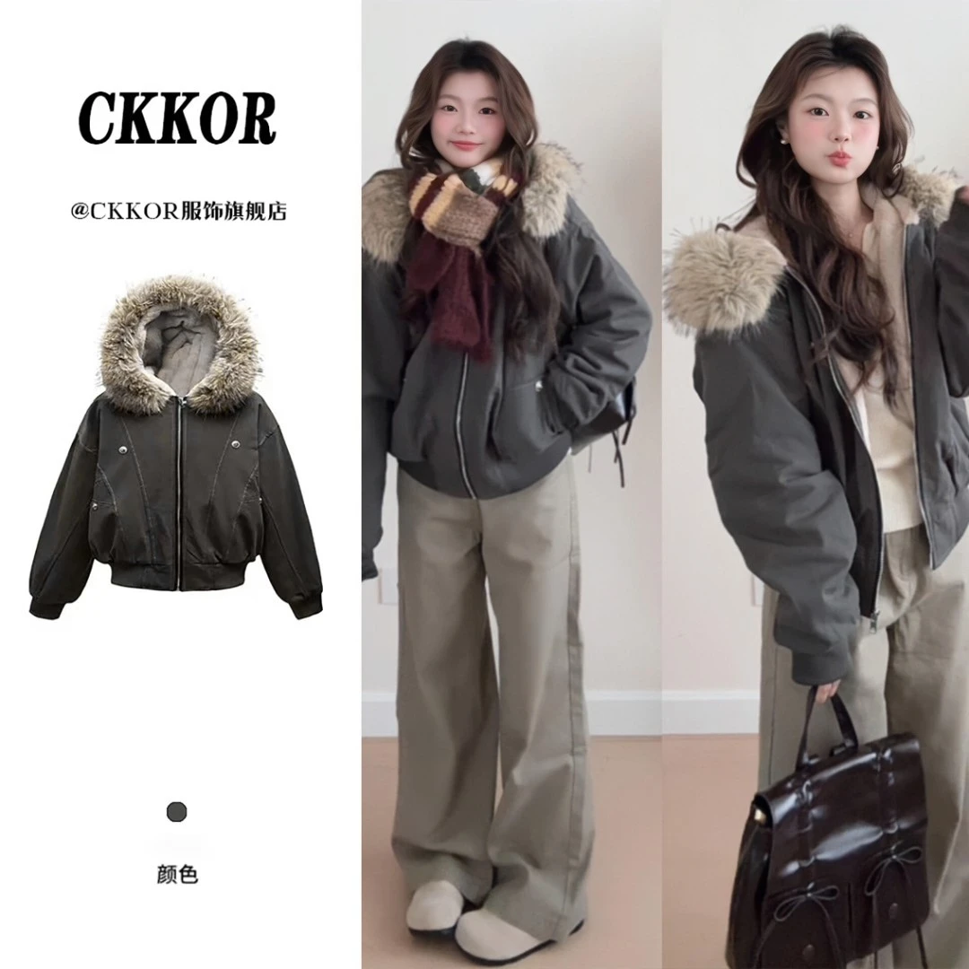 CKKOR加绒加厚保暖棉服棉衣女连帽小个子派克服穿搭毛领冬季外套