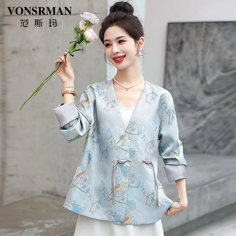 国风盘扣提花外套女2025春秋新款新中式气质宽松百搭V领西装上衣