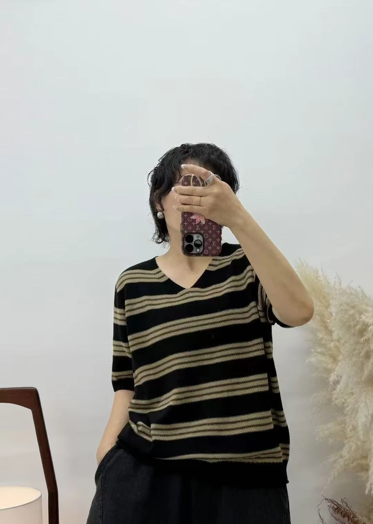 新品韩版宽松撞色条纹V领短袖套头针织衫百搭休闲上衣T恤