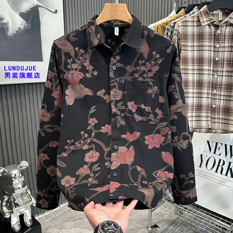 秋季男士宽松衬衫复古花卉印花潮流设计感长袖衬衫男休闲衬衣外套
