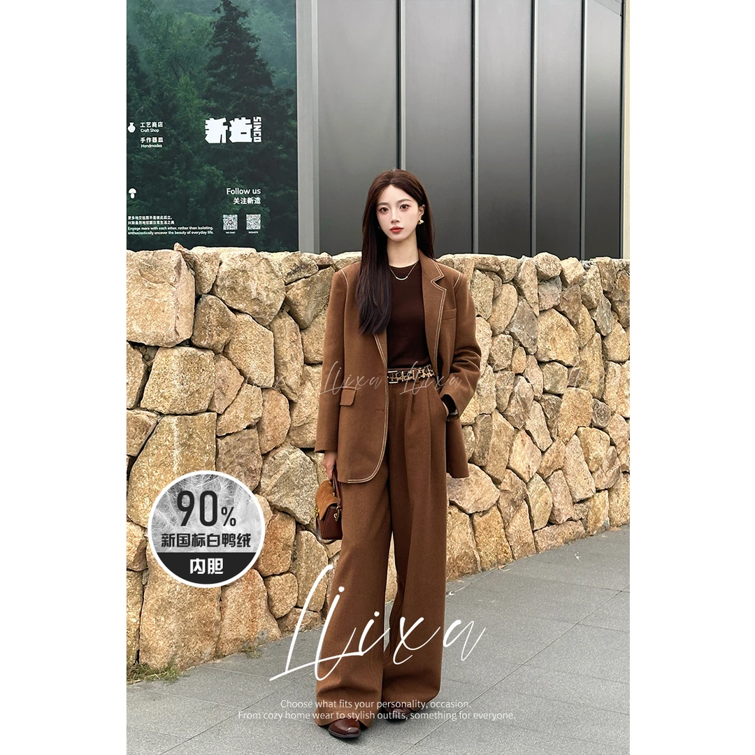 Liixu冬季法式设计感90白鸭绒羽绒服外套女复古通勤风套装250880