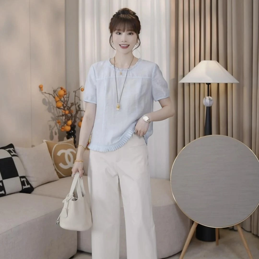 月色恋恋~莱赛尔天丝短袖木耳边圆领设计感小衫减龄显瘦时尚T恤