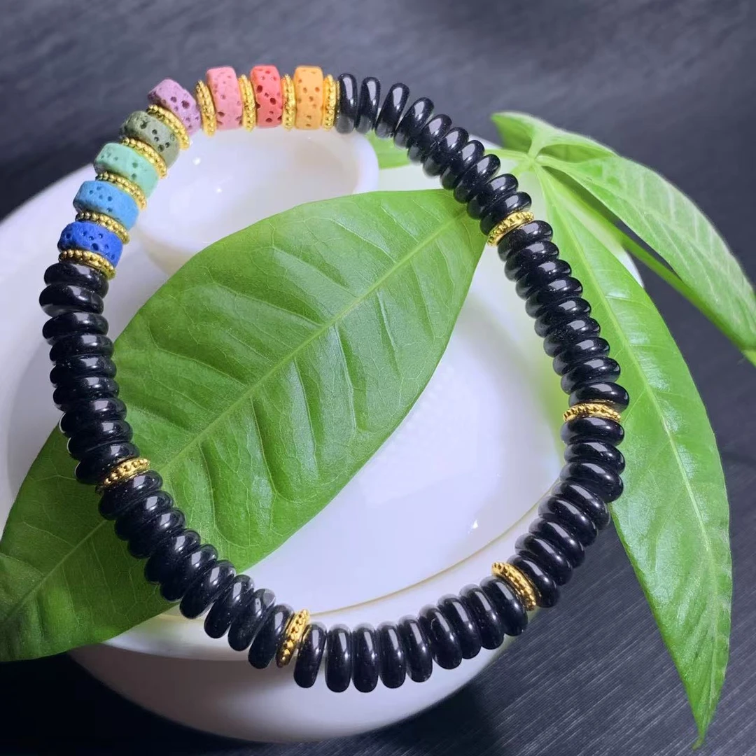【金钰尚品】天然黑曜石算盘珠彩色多宝火山石药片手链-6mm
