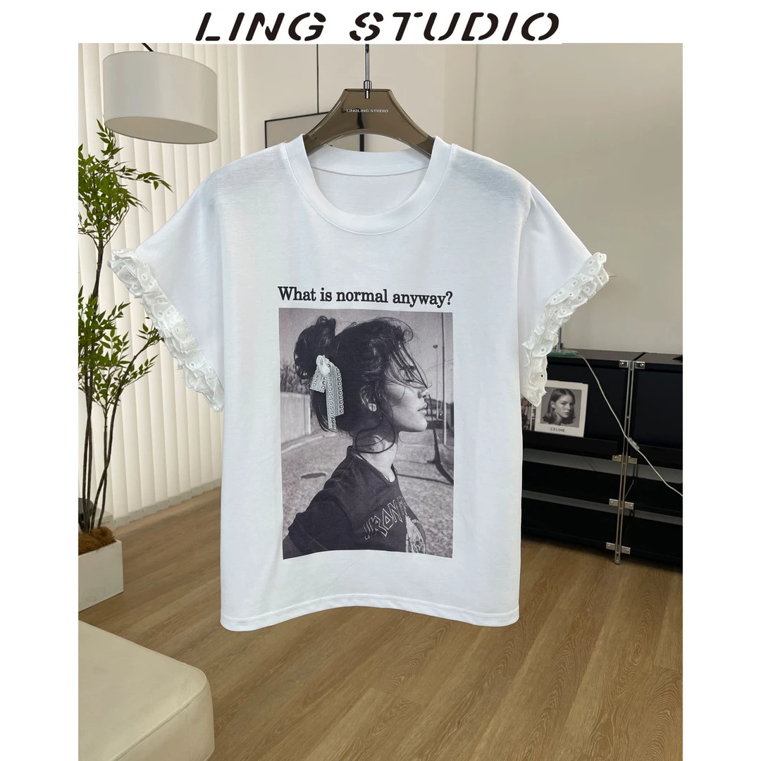 LING/STUDIO『方向感』夏季时尚减龄蕾丝拼接坎肩短袖T恤5043090