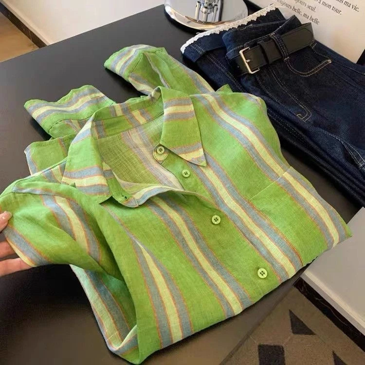 韩版单排扣拼色设计感绿条纹衬衫女2025夏季薄款百搭防晒长袖上衣