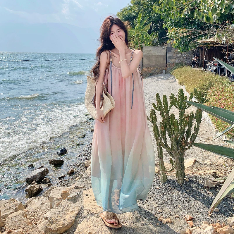 海边新款宽松吊带沙滩裙爆款多巴胺财阀千金夏季女装裙子连衣裙
