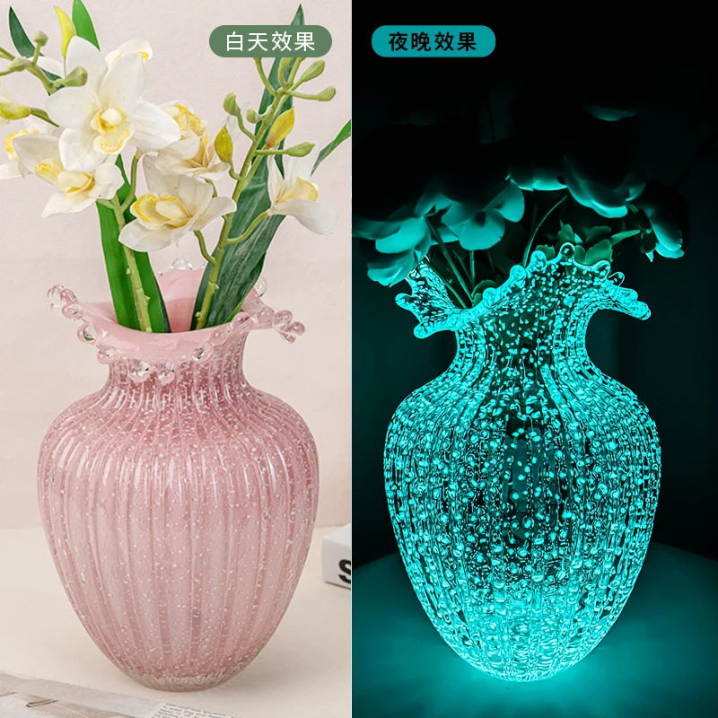 L314 粉色夜光浪花芬顿夜光花瓶水养鲜花插花琉璃花瓶