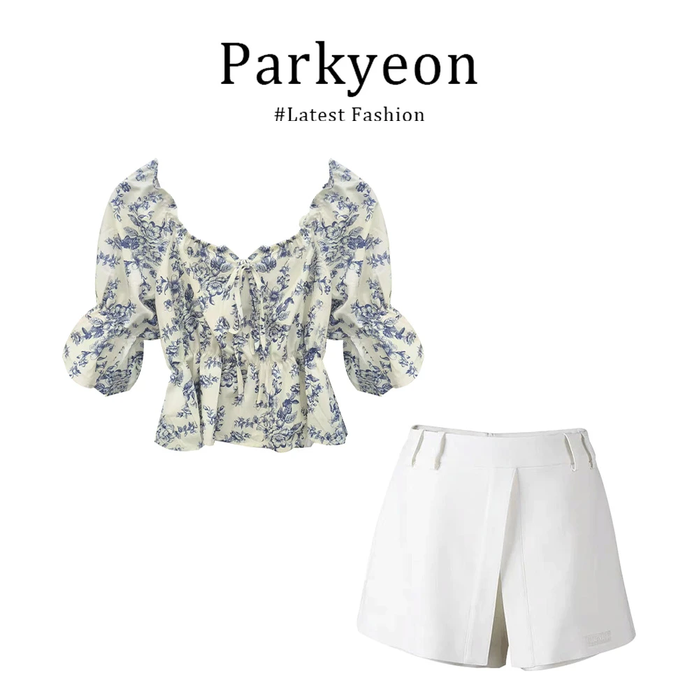 parkyeon法式温柔风青花瓷碎花方领泡泡袖衬衫高腰开叉裤裙两件套