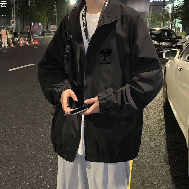 春秋季新款港风立领夹克冲锋衣防风百搭青少年潮流印花休闲男新款