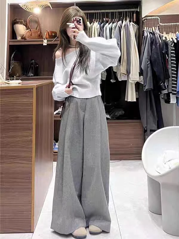 韩系chic别致斜领露肩针织衫女早秋新款宽松慵懒套头慵懒风上衣bb