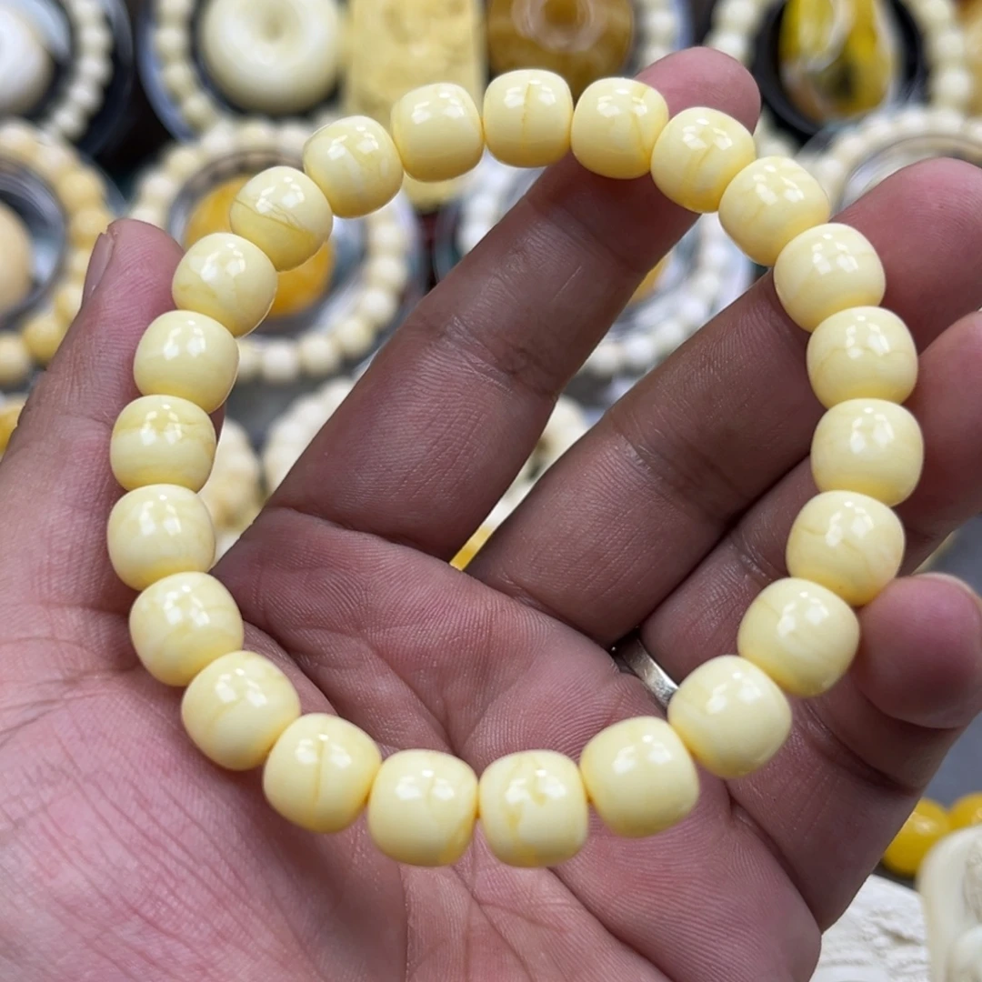 琥珀未镶嵌手串同料焦皮奶橘浓蜡金线纹老邢手串10mm