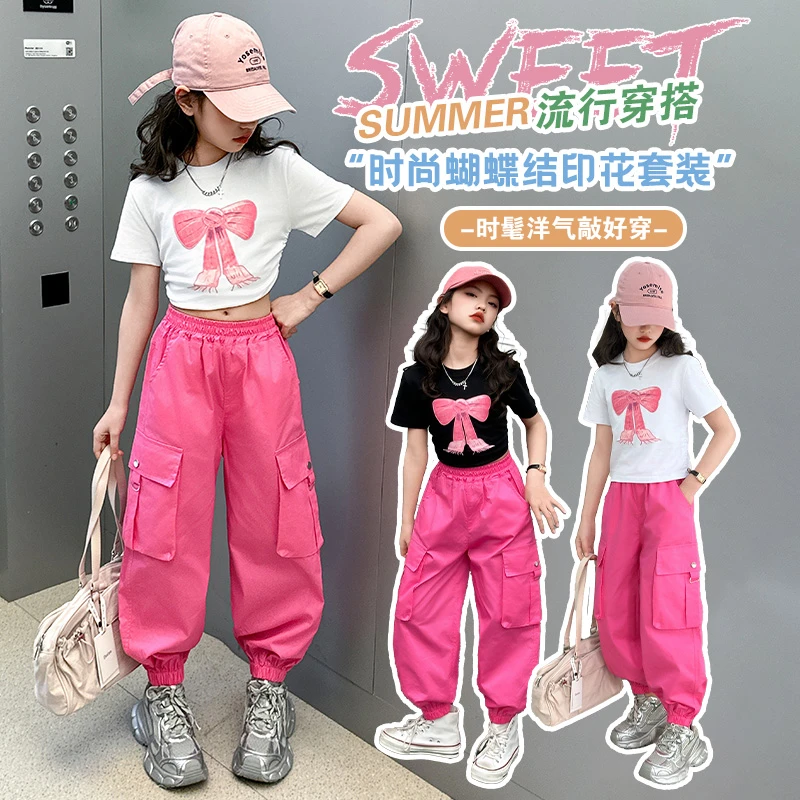 女童工装裤套装夏季2025新款儿童夏装洋气短袖t恤女大童夏款裤子