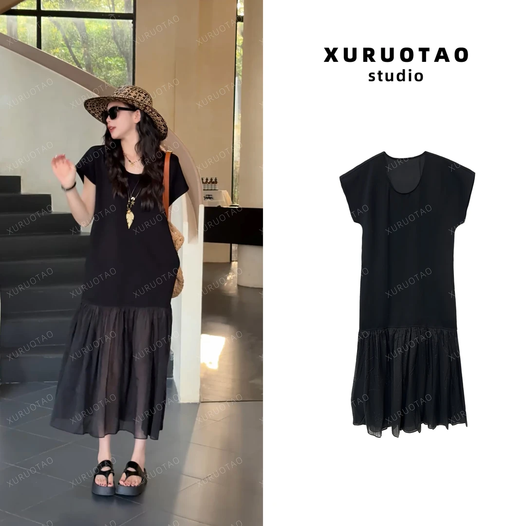 XURUOTAO 【仙本那】舒适下摆网纱设计感显瘦黑色连衣裙 T5279