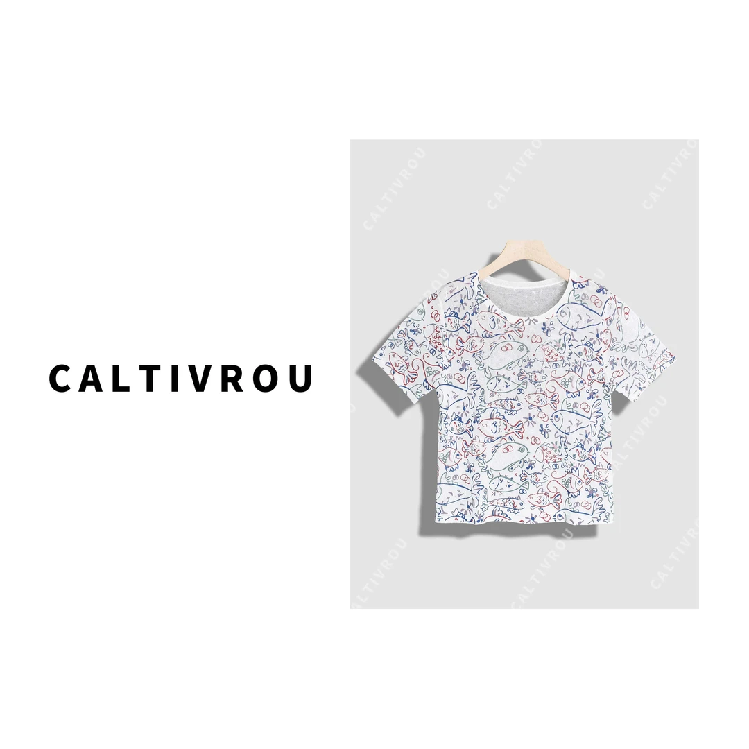 Caltivrou【蕊蕊】百搭简约时尚气质印花短袖-Y17834