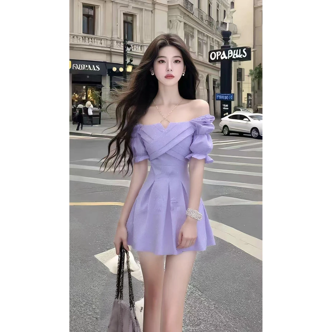温柔纯欲千金风紫色一字肩露肩收腰显瘦连衣裙女时尚气质高端女装