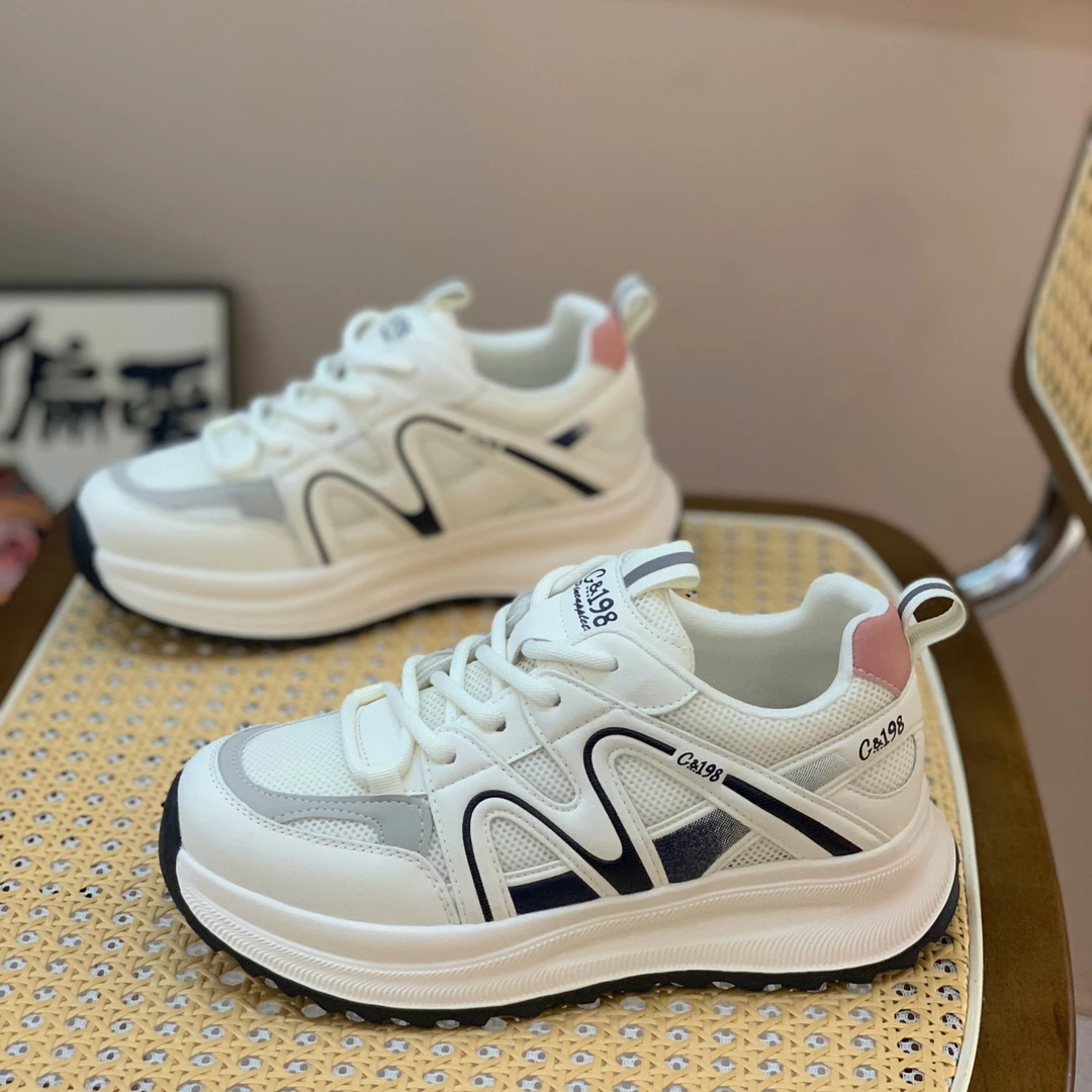 真皮轻便厚底老爹鞋女2025春季新款百搭网面透气显脚小休闲运动鞋