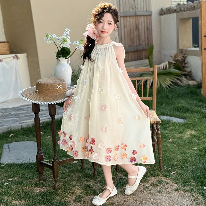女童夏季连衣裙2025新款韩版甜美中大童小女孩立体花朵公主连衣裙
