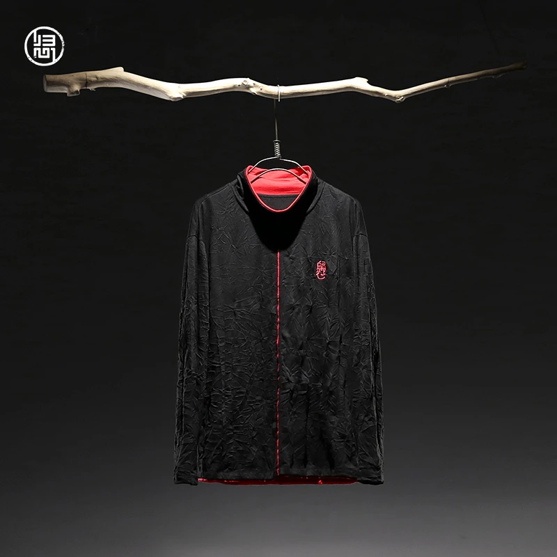 归心国风男装 秋季男士 绵羊毛混纺 黑红相拼 高领打底衫 长袖T恤